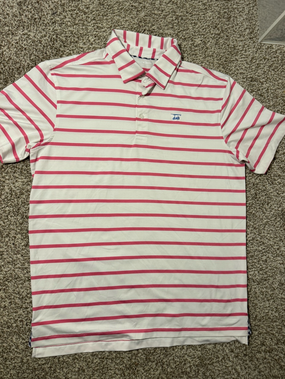Bald Head Blues Men's Striped Golf Polo Shirt - White with Pink Stripes SIZE L